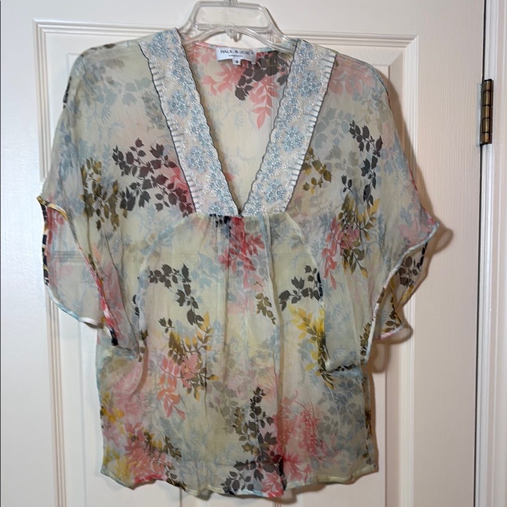 Paul & Joe Boho Silk Chiffon Floral Short Sleeve Blouse size L - Picture 7 of 11